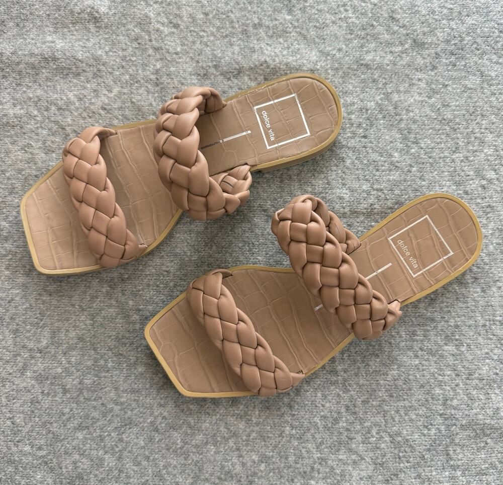 Dolce Vita Indy Braided Double Strap Flat Slide Sandals Nude Square Toe Size 6